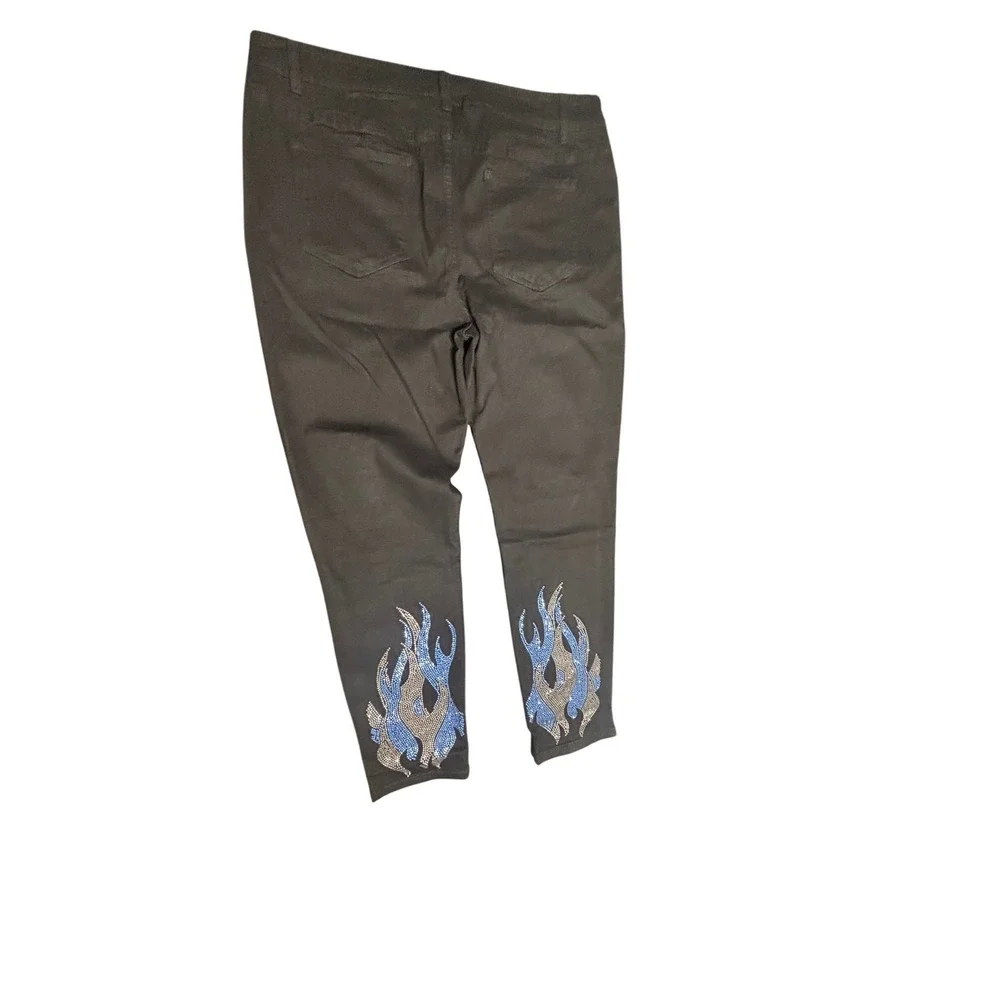 Guapi NEW Men's Rhinestone Flame Jeans Black Distressed Denim Slim‎ Fit Size 40